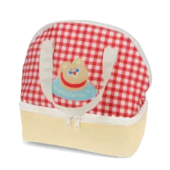 Red and white checkered lunch bag featuring a cute bear illustration with tag