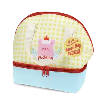 Yellow and white checkered lunch bag featuring a cute kawaii illustration with tag
