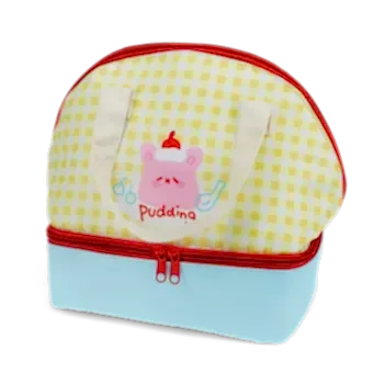 Yellow and white checkered lunch bag featuring a cute kawaii illustration
