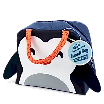 Navy blue lunch bag with orange handles and a cute penguin face design on the front and a black wings on each side