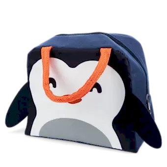 Navy blue lunch bag with orange handles and a cute penguin face design on the front and a black wings on each side