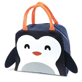 Navy blue lunch bag with orange handles and a cute penguin face design on the front, featuring black wings on each side.