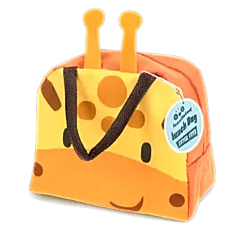 Orange lunch bag with dark brown handles and a cute giraffe face design on the front and two giraffe horns at the top
