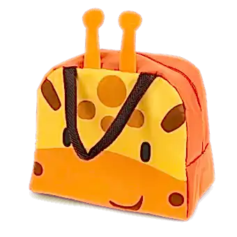 Orange lunch bag with dark brown handles and a cute giraffe face design on the front and two giraffe horns at the top