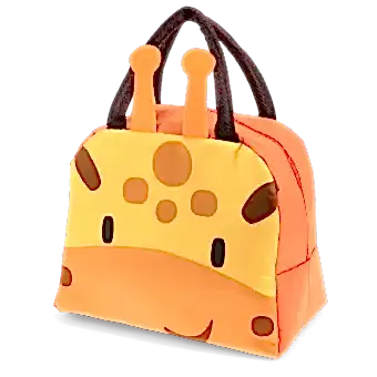 Orange lunch bag with dark brown handles and a cute giraffe face design on the front and two giraffe horns at the top