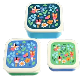 Three plastic snack boxes large medium and small featuring prints of fairies amongst flowers