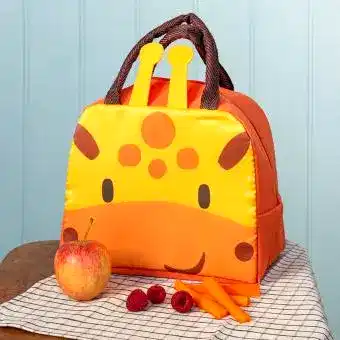 Orange lunch bag with dark brown handles and a cute giraffe face design on the front and two giraffe horns at the top