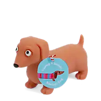 Squeezy squishy toy shaped like a brown sausage dog with floppy ears and a cute face with tag