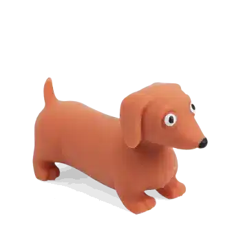Squeezy squishy toy shaped like a brown sausage dog with floppy ears and a cute face.