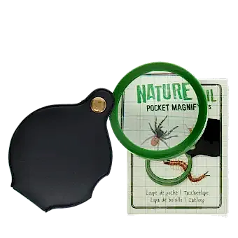 Nature Trail pocket magnifying glass with green frame, black leather case, and illustrated packaging.