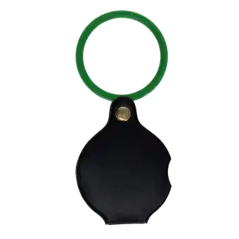 Nature Trail pocket magnifying glass with green frame, black leather case.