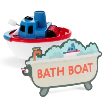 Wind-up bath toy shaped like a boat with tag