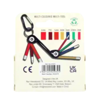 7-in-1 multi-coloured multi-tool with hex keys and screwdriver bits in packaging