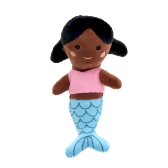 Mini mermaid soft toy with black hair, pink top, and blue tail with scale pattern