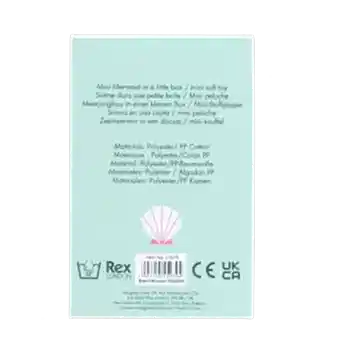 Back of mini mermaid soft toy packaging showing descriptions and barcode.