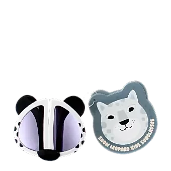 sunglasses with white snow leopard design, black spots, and dark lenses with tag