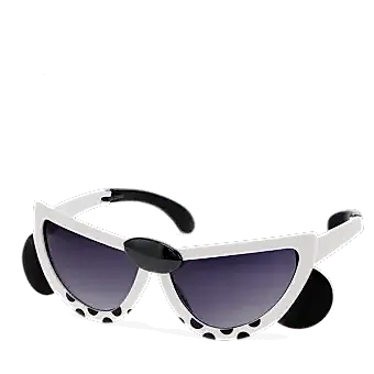 sunglasses with white snow leopard design, black spots, and dark lenses