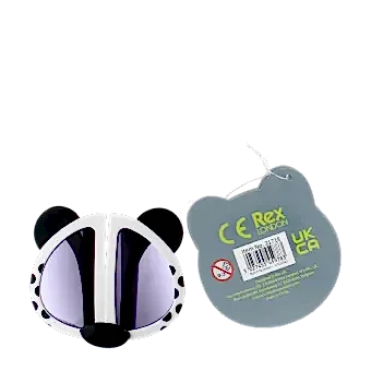 sunglasses with white snow leopard design, black spots, and dark lenses with tag showing safety warnings.