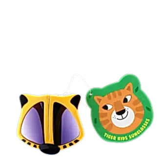 sunglasses with yellow tiger design, black stripes, and dark lenses with tag.