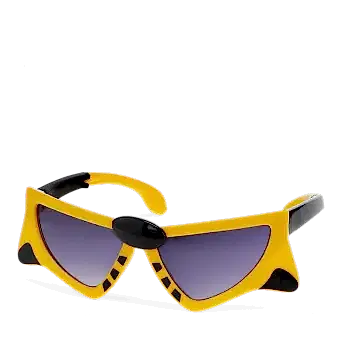 sunglasses with yellow tiger design, black stripes, and dark lenses.