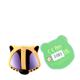 sunglasses with yellow tiger design, black stripes, and dark lenses with tag showing safety warnings.