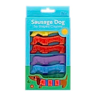 Set of six sausage dog-shaped crayons in yellow, purple, red, blue, green, and orange in packaging.