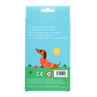 Back of Sausage dog crayons packaging showing safety warnings.
