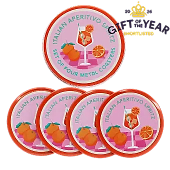 Four round coaster with Italian Aperitivo Spritz design and storage tin