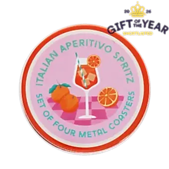 Four round coaster with Italian Aperitivo Spritz design in a storage tin