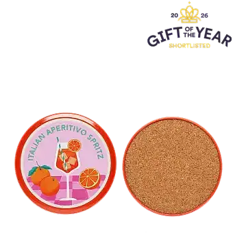 Four round coaster with Italian Aperitivo Spritz design in a storage tin