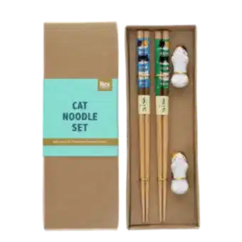Cat-themed chopsticks set with two ceramic rests in a gift box.