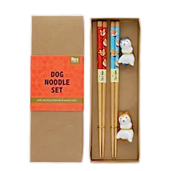 Dog-themed chopsticks set with two ceramic rests in a gift box.