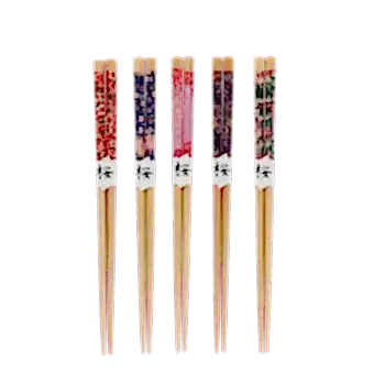 five pairs of wooden chopsticks with colorful floral designs