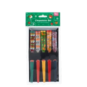 Set of five pairs of colorful chopsticks with cute animal and fruit designs in a packaging