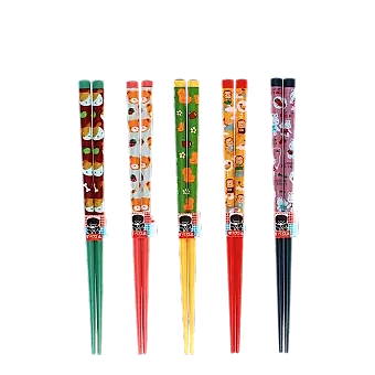 Set of five pairs of colorful chopsticks with cute animal and fruit designs