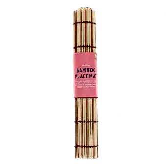 Rolled bamboo placemat secured with a pink label