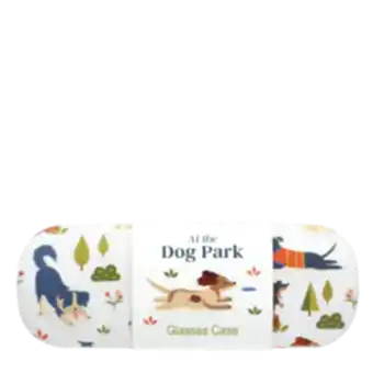 Glasses case with playful illustrated dogs and trees on a light background.