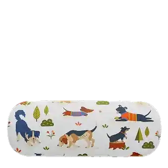 Glasses case with playful illustrated dogs and trees on a light background