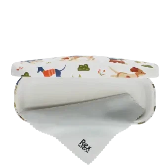 Glasses case with playful illustrated dogs and cleaning cloth