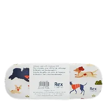 Glasses case with playful illustrated dogs and a barcode 
