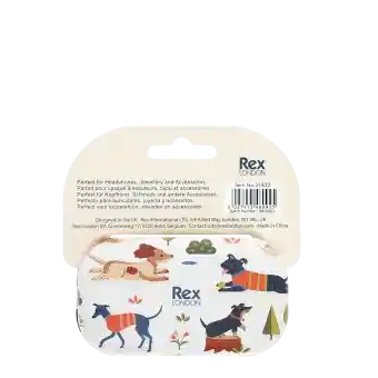 Back of Mini travel case with dogs design and packaging tag