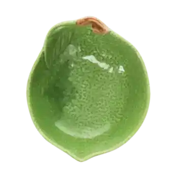 Green ceramic bowl with textured surface and a leaf design near the rim with brown stem accent