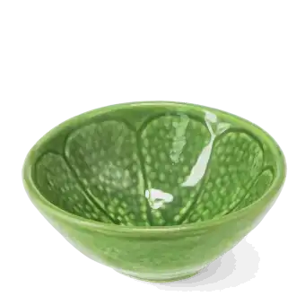 Green ceramic bowl with textured lime-like pattern and glossy finish.