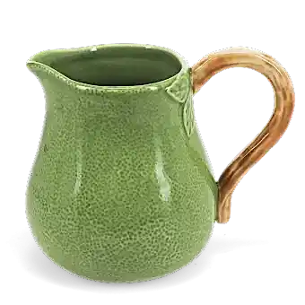 Green ceramic jug with textured surface and a curved brown handle