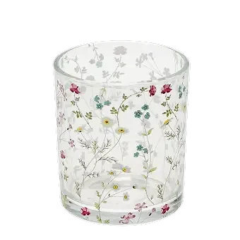 Clear glass candle holder with delicate floral design